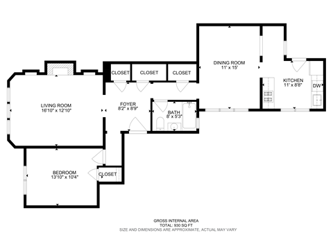 Floor plan for 1 bed, 1 bath, 930 sqft
